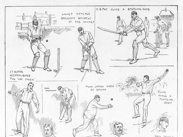 The image shows a paper with a drawing of a man playing a game of cricket, holding a bat and...