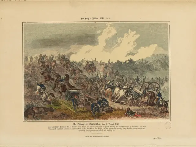 The image shows an old book with a drawing of a group of people on horseback, some of whom are...