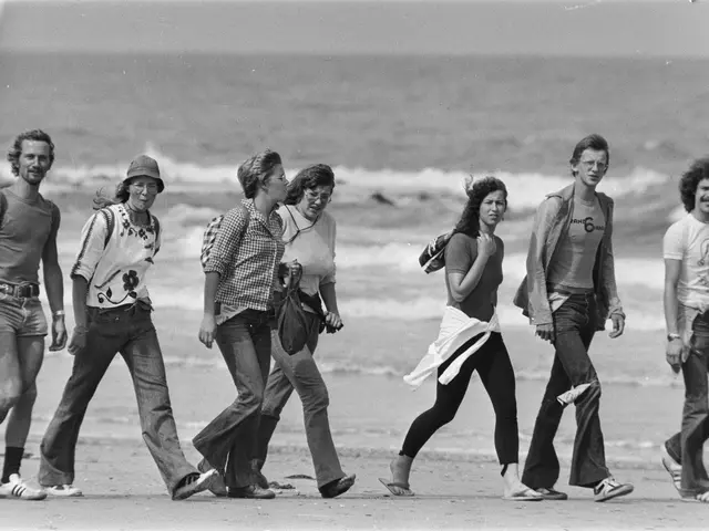 The image shows a group of people walking on the beach, with the sun setting in the background and...