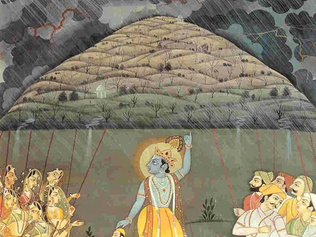The image shows Krishna and Radha dancing in the rain, surrounded by a group of people, animals,...