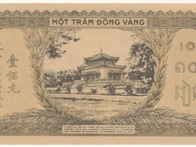 The image shows an old Vietnamese banknote with Chinese writing on it, featuring a picture of a...