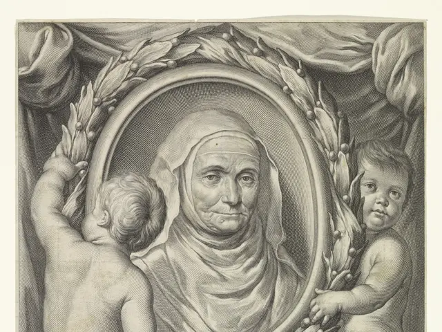 The image shows an engraving of a woman holding a baby in her arms, with a human face in the center...