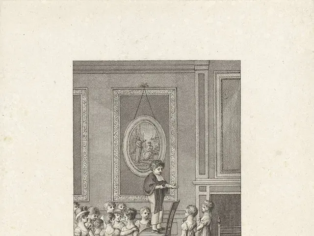 The image shows a group of children standing around a table in a room, with a person sitting on a...