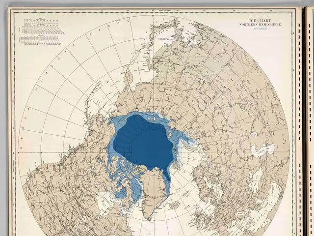 The image shows a book with a map of the Arctic Ocean on it, depicting the extent of the ice sheet....