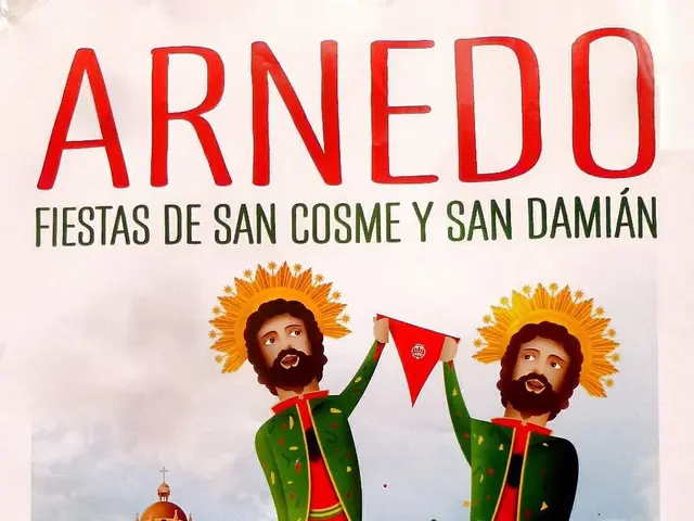 The image shows a poster for the San Cosme and San Damian Festival, featuring two people standing...