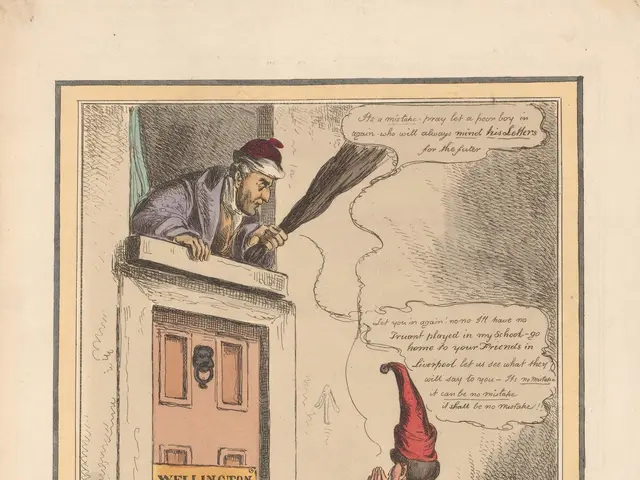 The image shows a naughty boy turning out of school, with a cartoon of a man in a red hat and a...