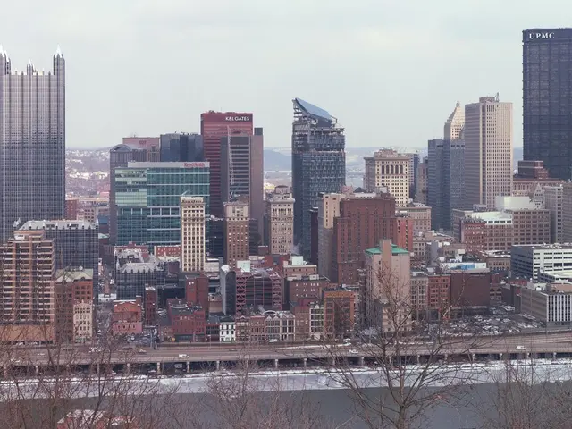 The image shows a panoramic view of the Pittsburgh skyline from the top of a hill. We can see the...