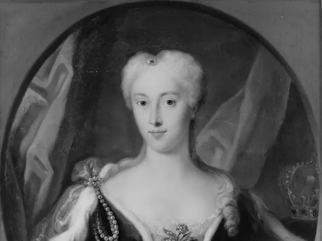 The image shows a black and white photo of a woman in a dress, believed to be Queen Elizabeth I of...