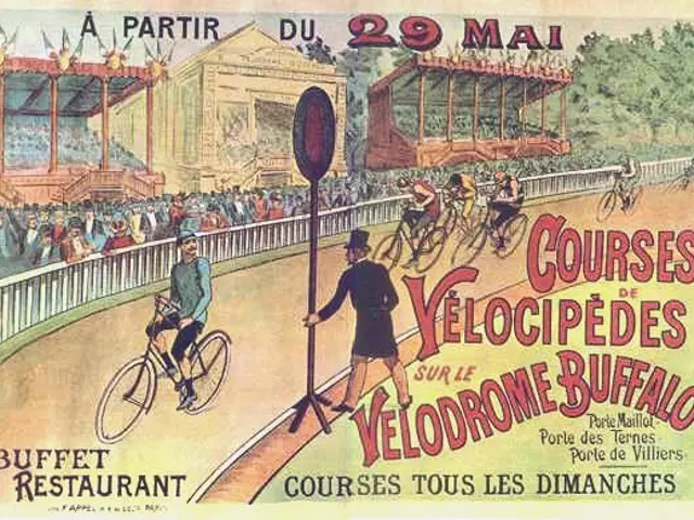 The image shows a poster advertising a velodrome in Buffalo, New York. It features a group of...