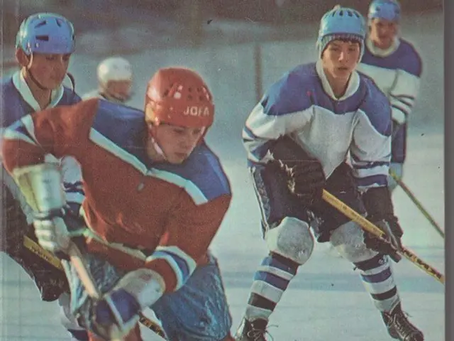 The image shows a book with a picture of a group of men playing hockey on the cover page. The men...
