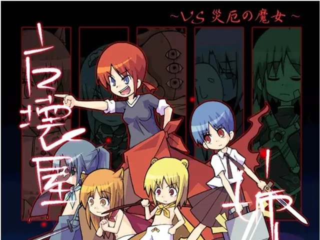 The image shows a group of anime characters standing next to each other in front of a red...