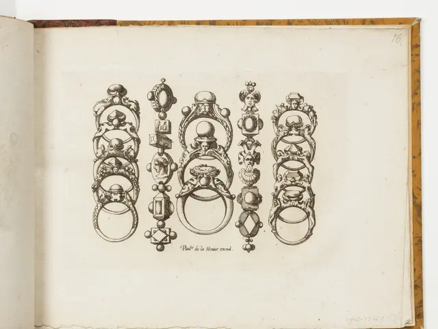 The image shows an open book with a drawing of various rings on it. The book is open to a page with...
