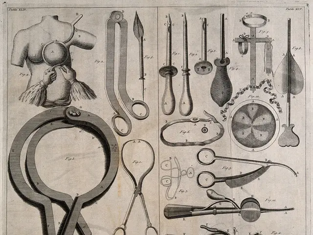 The image shows a paper with a drawing of a variety of surgical instruments, including scissors, a...