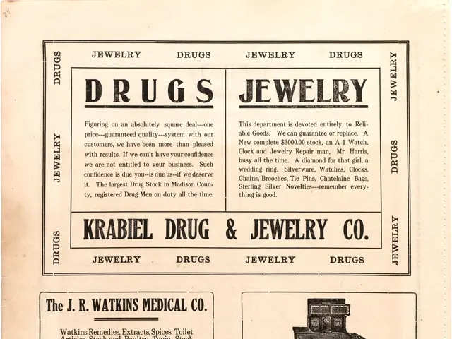 The image shows an old advertisement for a drug and jewelry store, featuring a paper with text and...