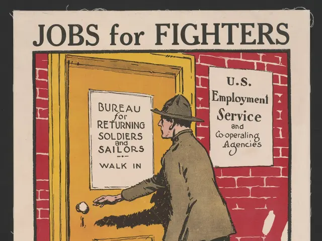 The image shows a poster with a person standing in front of a door, holding a paper in their hand....