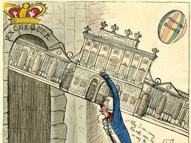 The image shows a cartoon of a man in a blue jacket and red pants standing in front of a building...