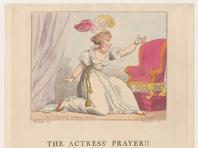 The image shows a woman sitting on a chair with a paper in front of her that reads "The Actress...