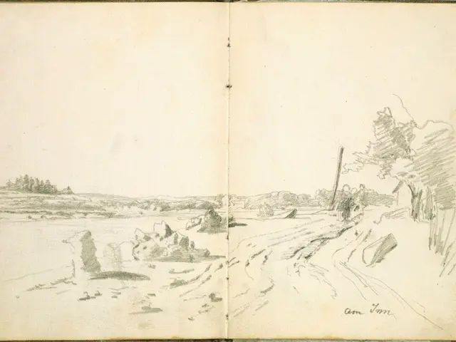 The image shows an open book with a drawing of a beach scene on it. The drawing depicts a tranquil...