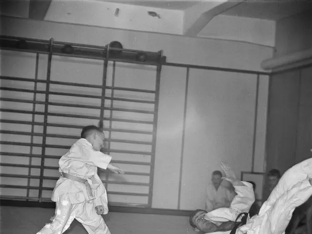 The image shows two men in karate gear engaged in a fight on the floor, with a few people sitting...