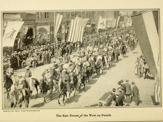 The image shows a group of people riding horses down a street, with flags and buildings in the...