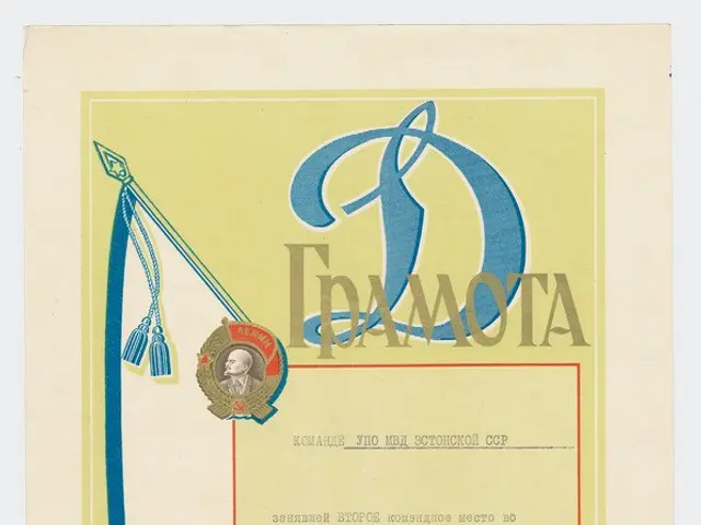 The image shows a certificate issued by the Soviet Union with a picture of a man in a suit and tie,...