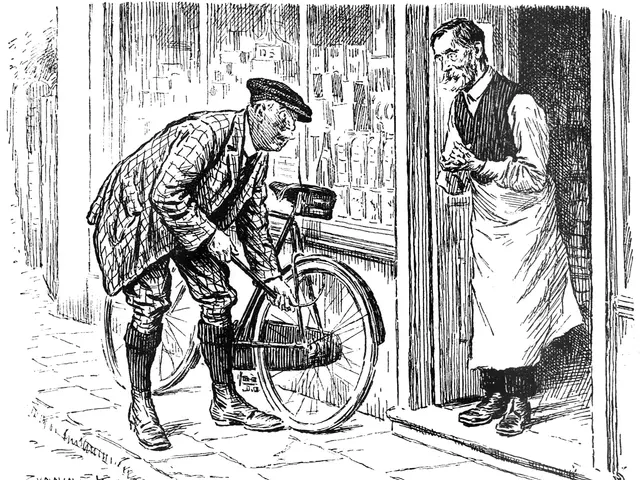 The image shows an old man standing next to a bicycle in front of a store. He is wearing a cap and...