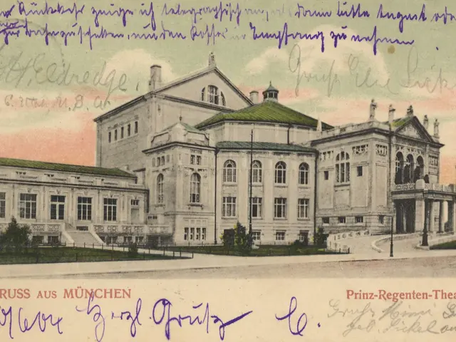 The image shows an old postcard with a picture of a large building, the Prinz-Regenten Theater in...