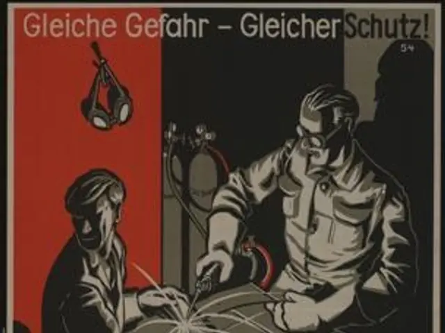 The image shows a German World War II propaganda poster featuring two men working on a piece of...
