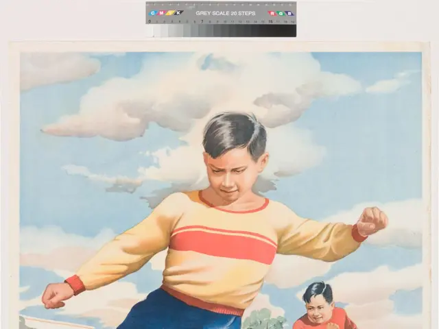 The image shows a Chinese propaganda poster depicting a young boy kicking a soccer ball on a grassy...