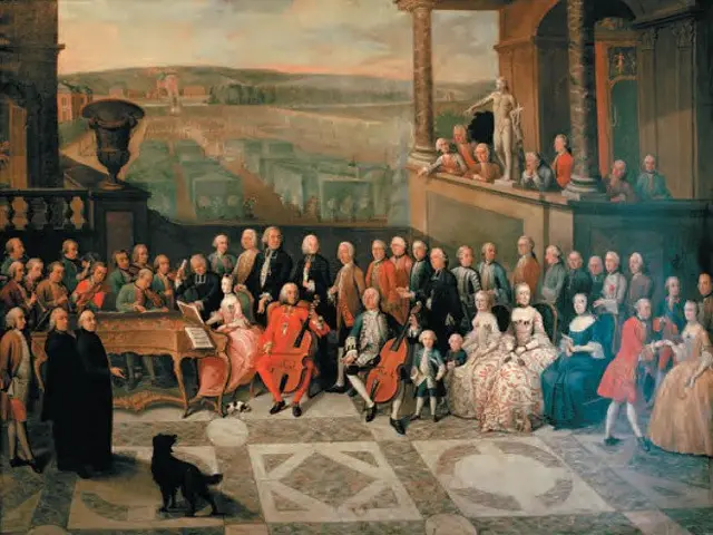 The image shows a painting of a large group of people in a room, with some sitting and some...