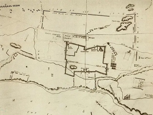 The image shows an old map of a city with a lot of buildings, trees, and text written on it. The...