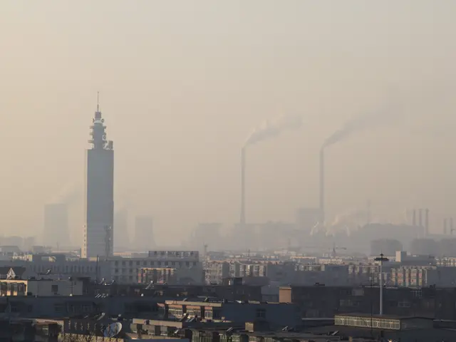The image shows a view of a city from the top of a building, with a number of buildings and trees...