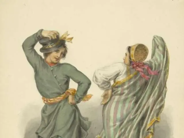 The image shows a painting of a man and woman in traditional Russian clothing dancing, with the man...