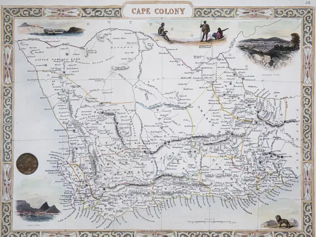 The image shows a map of the Cape Colony of South Africa, with text and pictures of people,...