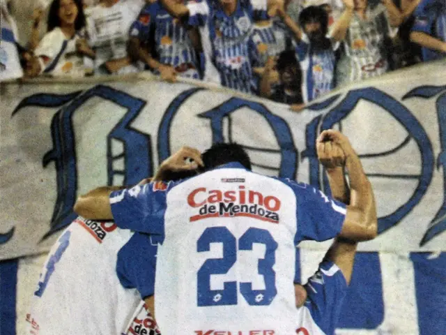 The image shows a group of soccer players celebrating a goal in front of a cheering crowd, with a...