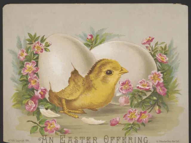 The image shows an Easter card with a yellow chicken perched atop an egg surrounded by flowers and...