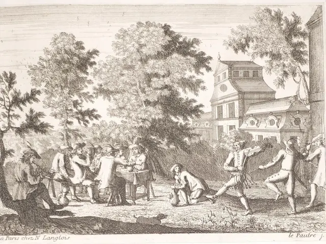 The image shows a group of people playing a game in a park, surrounded by trees and a building in...