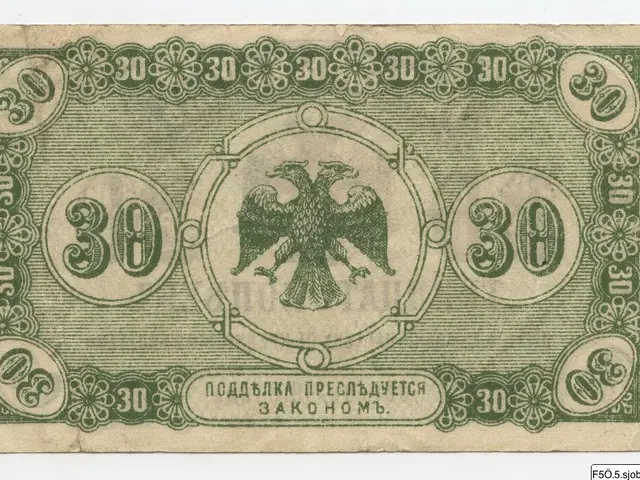 The image shows an old Russian banknote with a picture of a double-headed eagle on it. The...