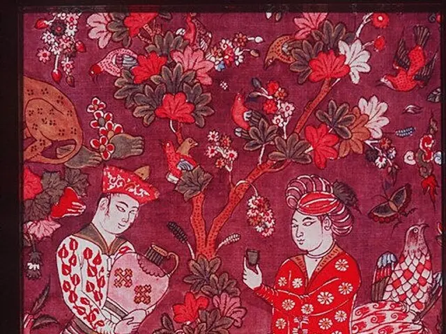 The image shows a painting of a man and woman in traditional Chinese clothing, surrounded by a...