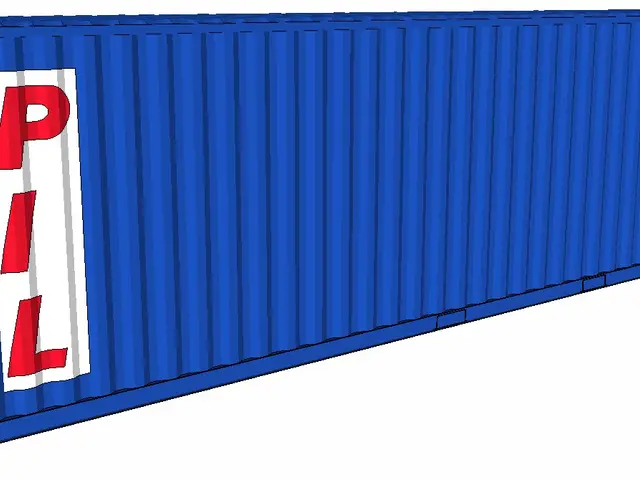 The image shows a blue shipping container with the word "PL" written on it against a white...
