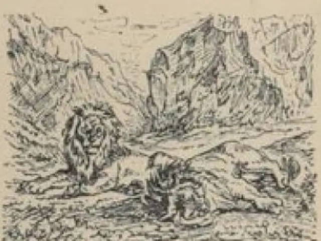 The image shows a drawing of a mountain scene with a man and a woman in the foreground, surrounded...