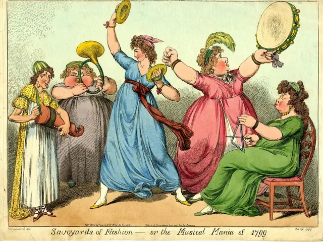 The image shows a group of women in colorful dresses playing musical instruments, with one woman...