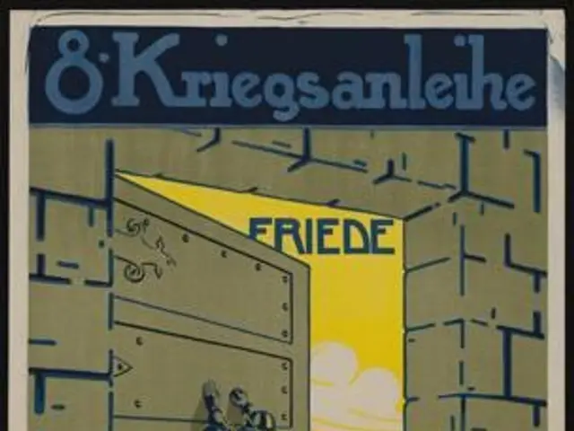 The image shows a poster advertising the 8 Kriegsanlehe Friede, a German bank, with two people...