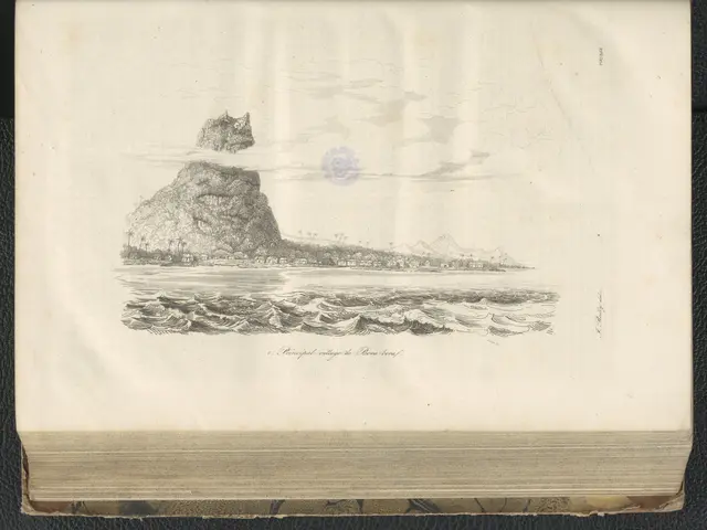 The image shows an open book with a drawing of a small island in the middle of the ocean,...