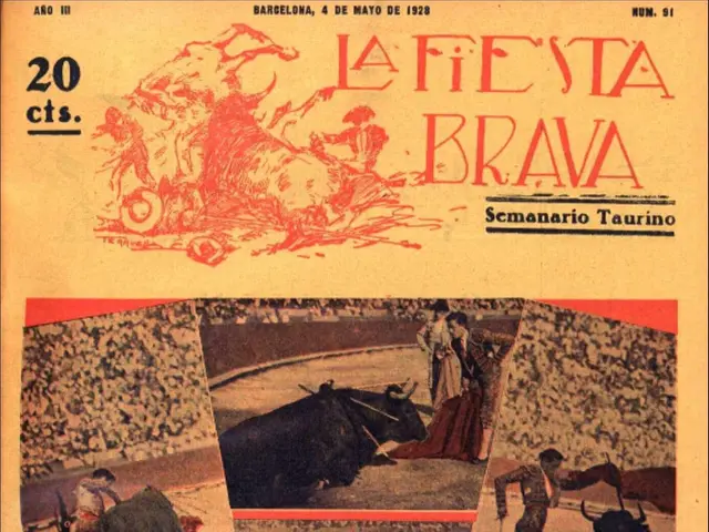 The image shows a book with a picture of a bullfight on the cover. The book is open, revealing a...