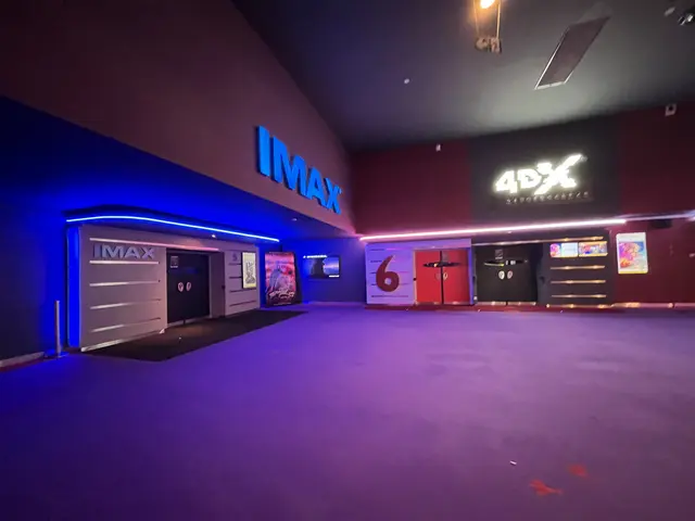 The image shows the inside of a movie theater with a purple carpeted floor, walls adorned with text...