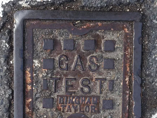 The image shows a metal manhole cover on the ground with the words "Gas Test" written on it.