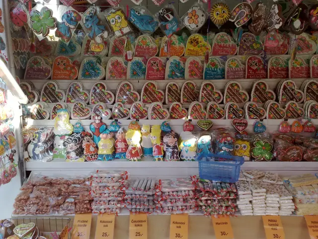 The image shows a candy shop with a display case filled with lots of different types of candies,...