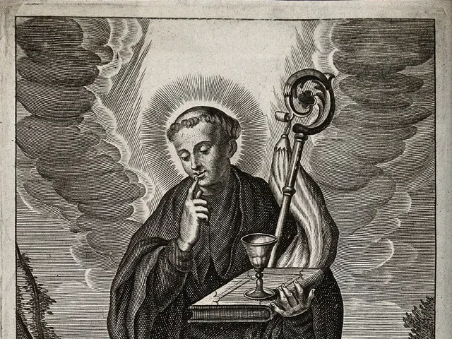 The image shows a black and white engraving of St. Benedict, the patron saint of the Catholic...