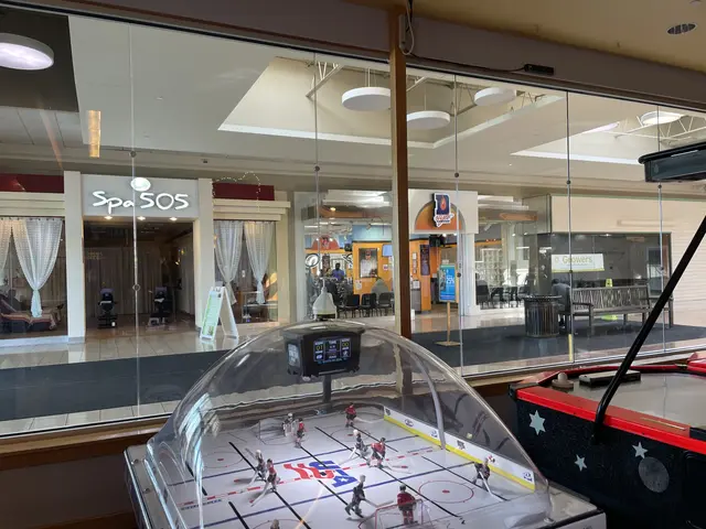 The image shows a hockey rink in the middle of a shopping mall, surrounded by glass walls. Through...